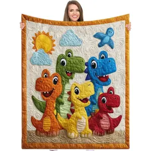 Cute Cartoon Dinosaur Quilt Blanket - Soft Kids Quilt for Bed, Crib, Nursery, Playtime & Travel | Adorable Dino Gift for Baby, Toddlers & Dinosaur Lovers