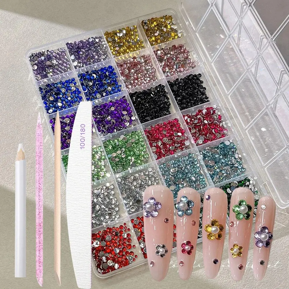 Bling Rhinestone Nail Art Set, 24-Grid Organizer with Colorful Round Flatback Resin Stones & 4 Picker Tools for Face & Eye Makeup, Gemstone Charms, 4 Sticks, Multi-Pack, Nail Charms, Diy Nails At Home