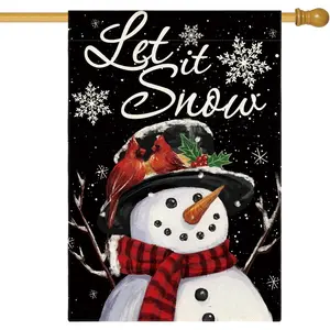 Let It Snow Snowman Snowflake Christmas House Flag 28x40 Inch Double Sided, Black Winter Farmhouse Yard Outdoor Decorative Flag