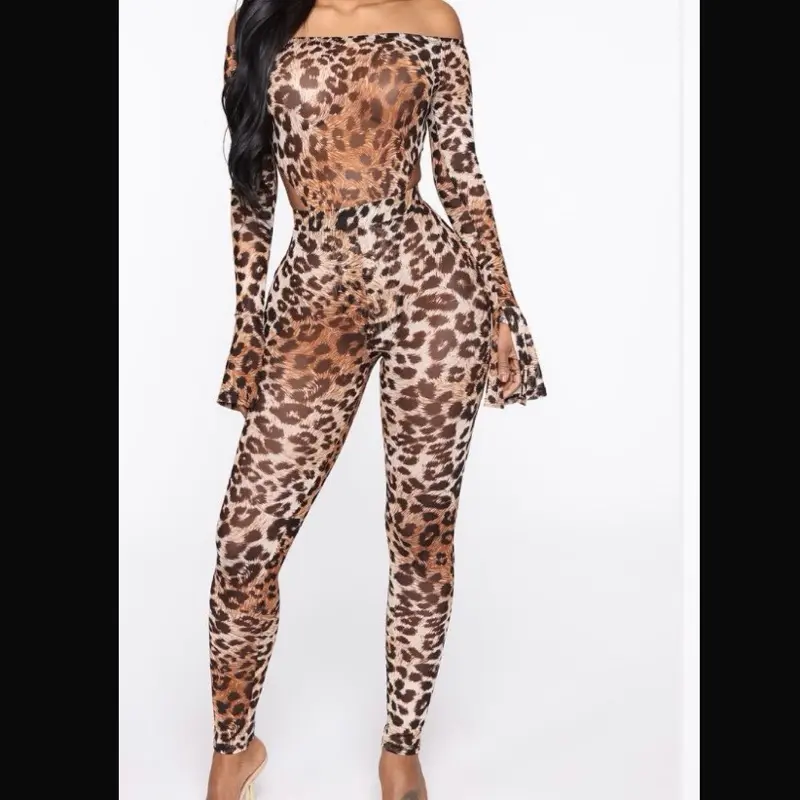 Available In Brown/combo.  - Leopard Matching Set  Off Shoulder  Bodysuit  Flare Sleeve  Legging Pant  Mesh  Final Sale  Disclaimer: Print Placement Will Vary  95% Polyester 5% Spandex  - Imported  - Available In Plus Sizes