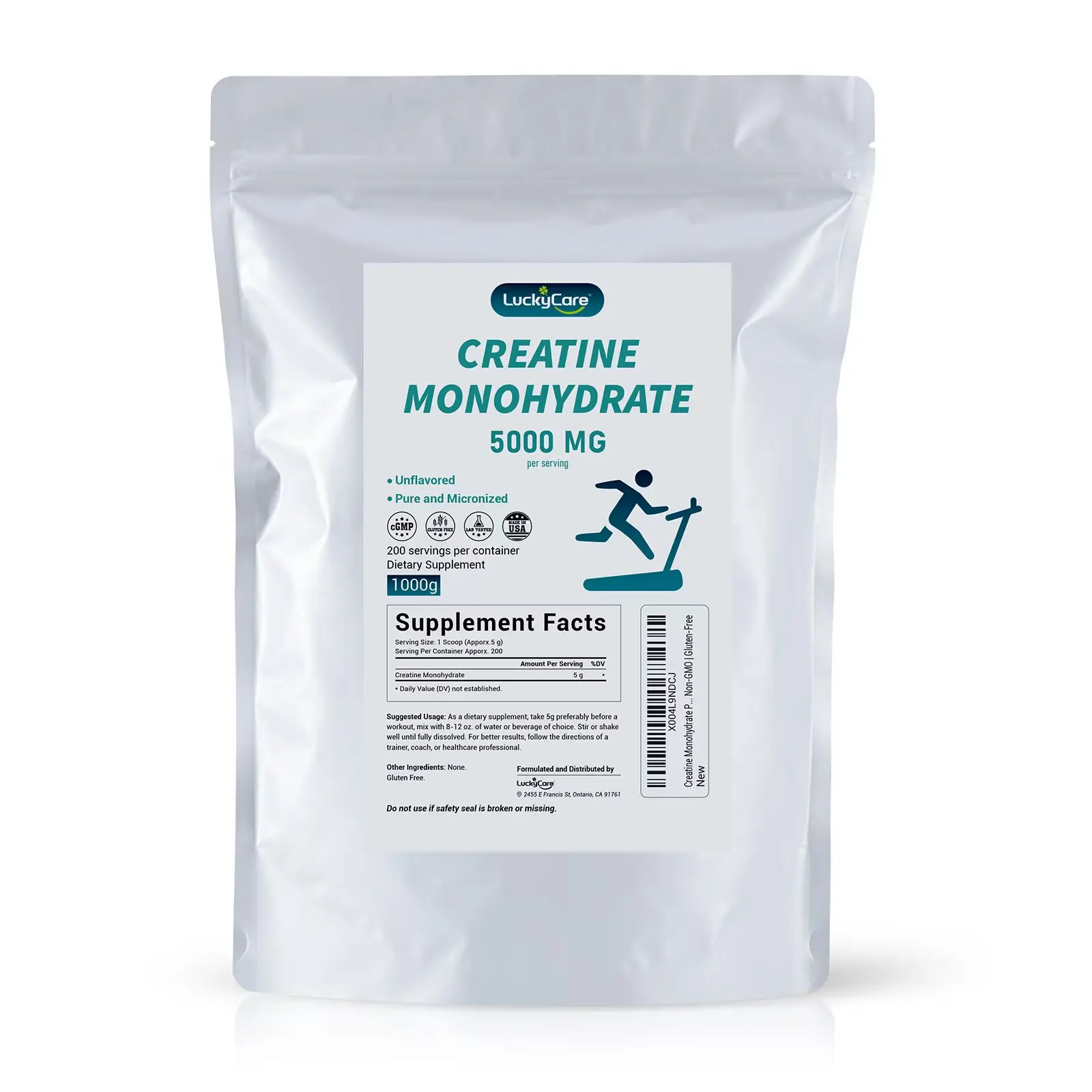 luckycare Unflavored Creatine Monohydrate Powder 5000mg per serving Healthcare Supplement Fitness Edible - Drink, Dietary Workout Nutrition Energy Muscle Growth Endurance 1000g