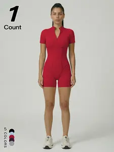 Women's Sporty Half-Zip Mock Neck Shapewear Shorts Jumpsuit, Casual Tight-Fitting Sports Romper, Comfortable Athletic