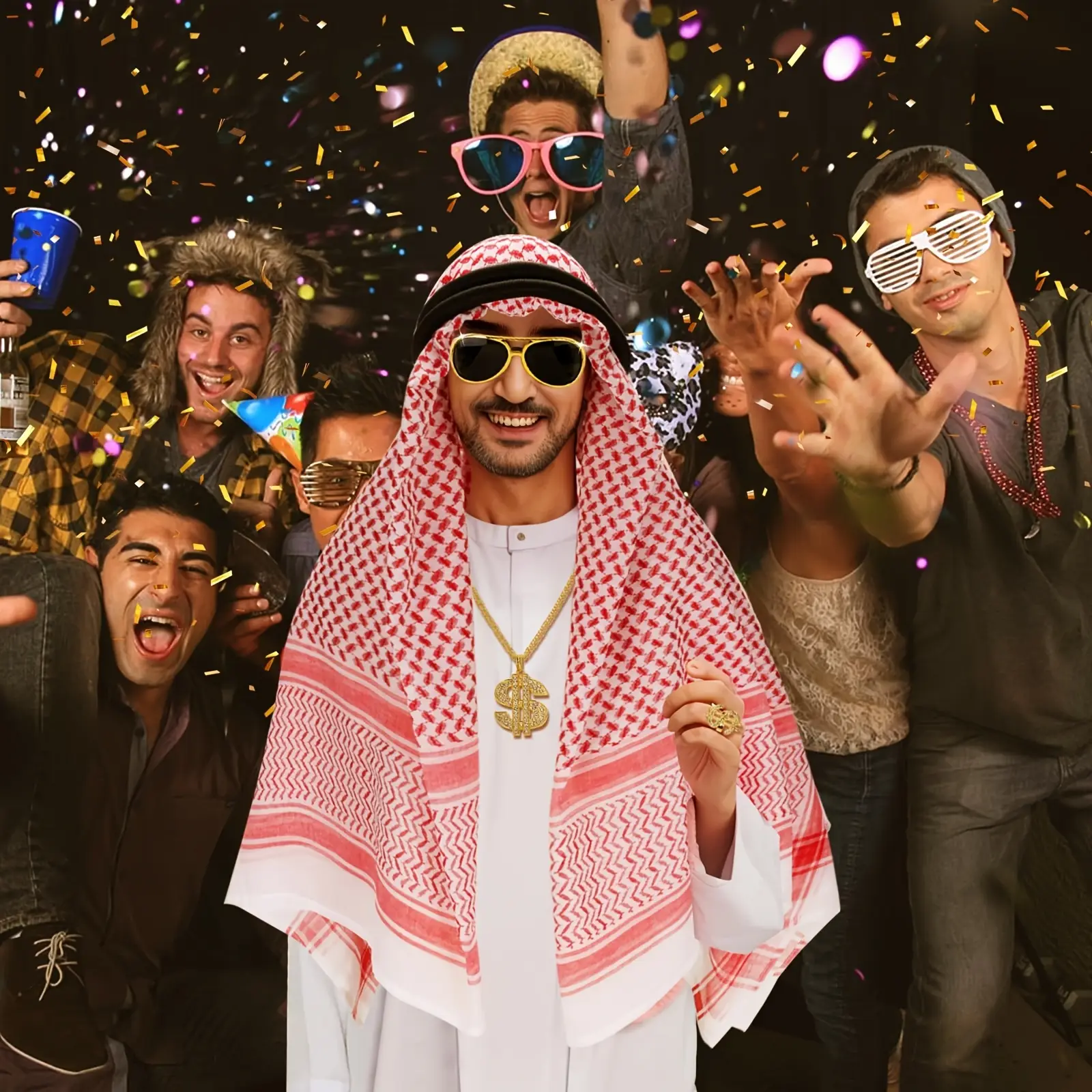 Glamorous 5pcs Arabic Men's Costume Accessory Set - Includes Hijab & Black Headband, Perfect for Halloween, Cosplay & Carnival Outfits, Arabic Accesso