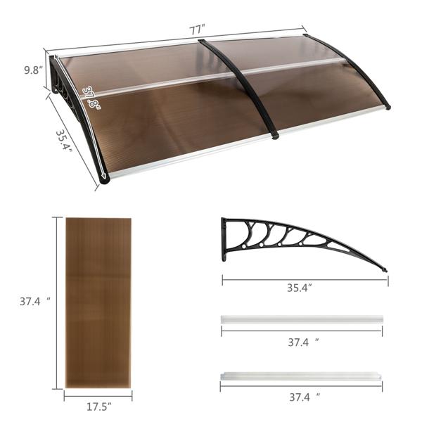 Window Awning Door Canopy Modern Polycarbonate 40"x80" Brown Board Black Holder UV Rain Snow Sunlight Protection Hollow Sheet ABS Bracket