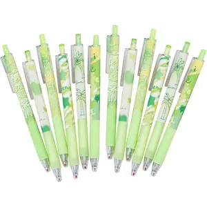 12 count Cute Retractable Pens Aesthetic Gel Pens Black Ink Writing Pens with 0.5 mm Smooth Fine Point Novelty Printing Pens Office Supplies for Women Men (green 6color 12 count)