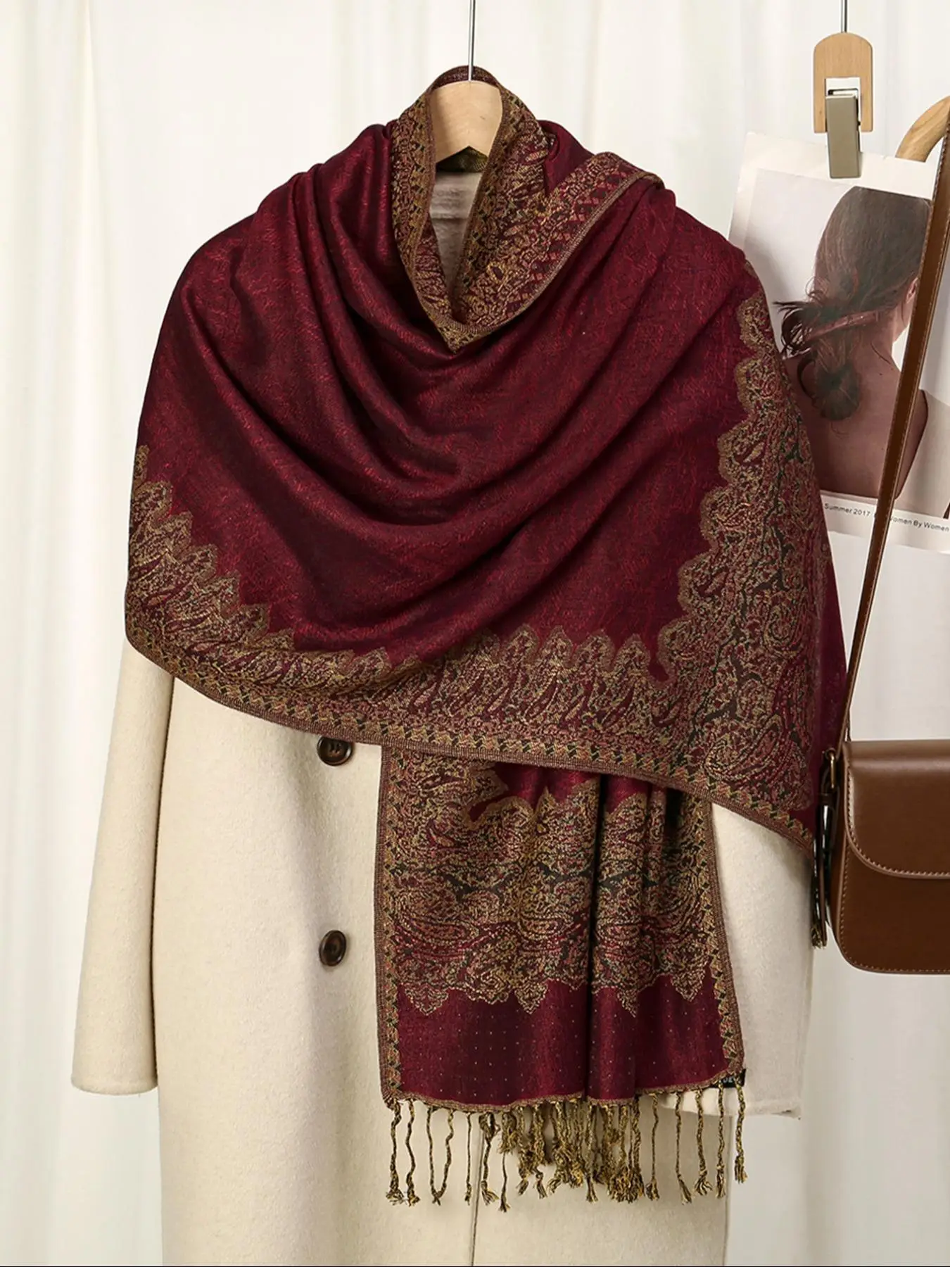 Women's Geometric Print Long Scarf, Boho Style Tassel Decor Shawl for Women, Fashionable Soft Comfortable Scarf for Daily Wear