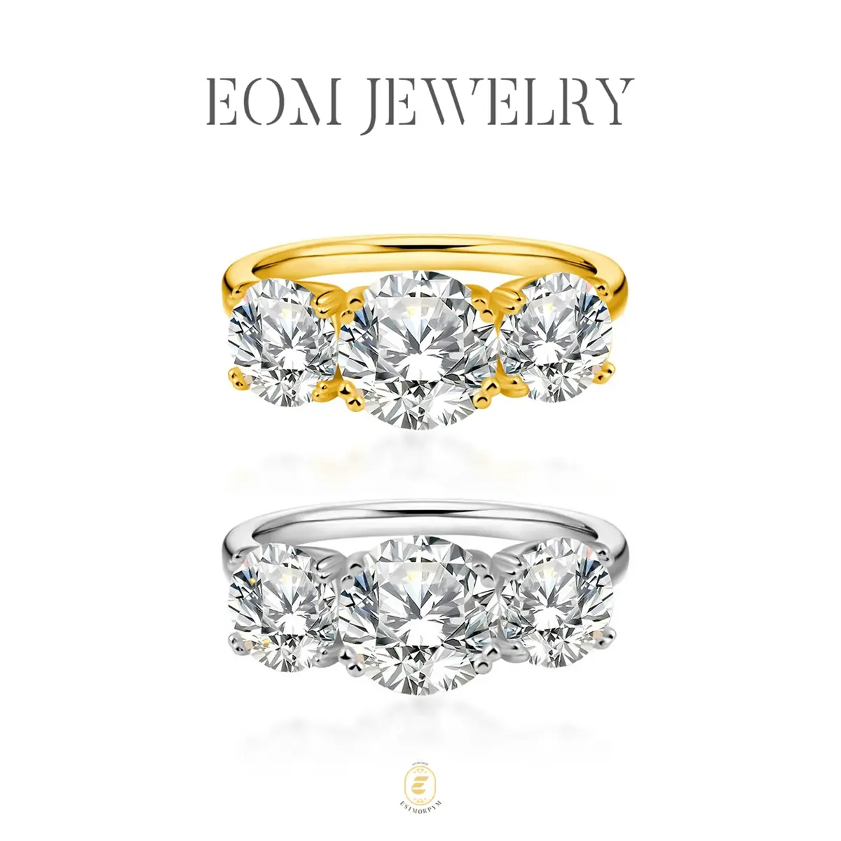 EOM 18K Gold Plated Waterproof 2ct-4ct Moissanite Three Stone Prong Engagement Ring Silver-Plated Band Jewelry Perfect Birthday Engagement Wedding Anniversary Gift Christmas Thanksgiving Valentine's Day