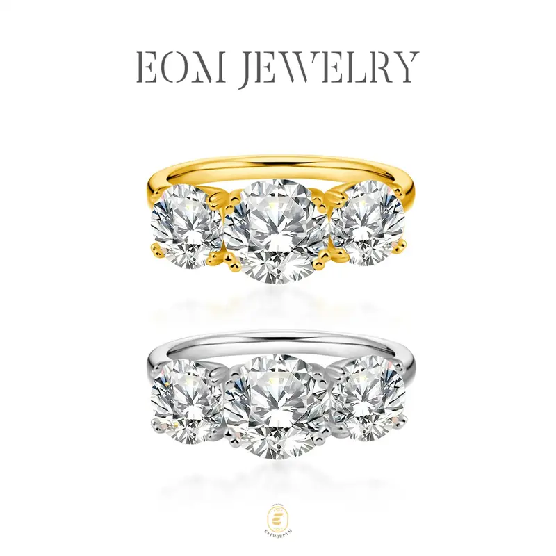 EOM 18K Gold Plated Waterproof 2ct-4ct Moissanite Three Stone Prong Engagement Ring Silver-Plated Band Jewelry Perfect Birthday Engagement Wedding Anniversary Gift Christmas Thanksgiving Valentine's Day