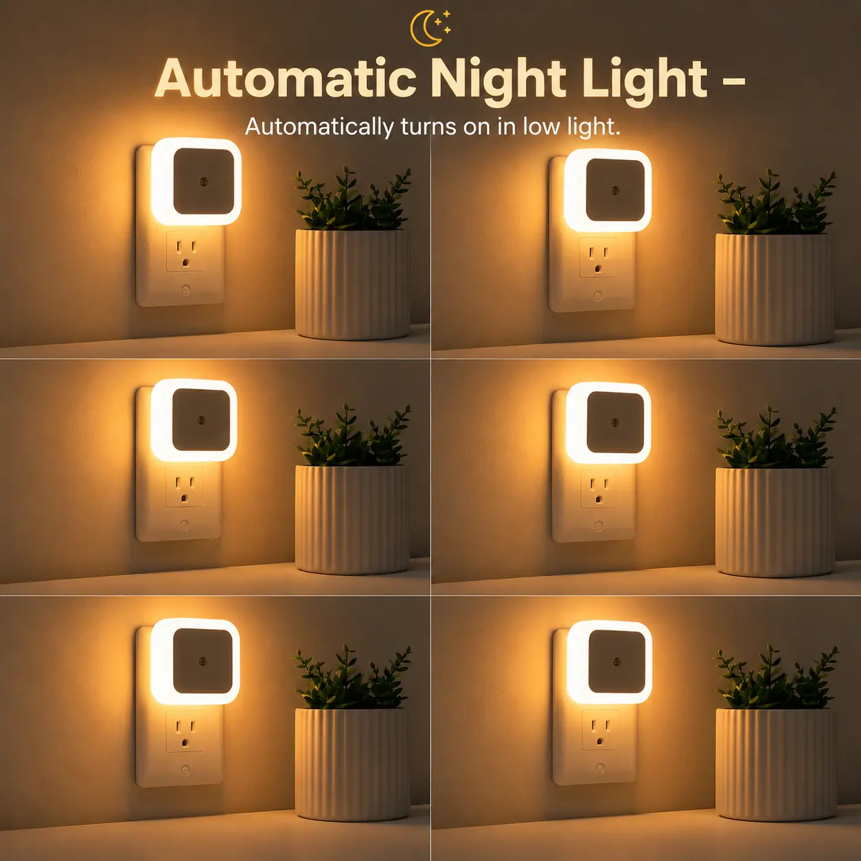 6-Pack Plug-in Night Lights with Smart Dusk-to-Dawn Sensor, Warm White LED Nightlight for Bedroom, Bathroom, Hallway, Kitchen, Stairway & Kids Room, Energy Saving Compact Wall Lights