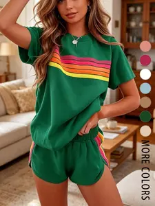 Two-piece women's fashion casual sportswear set, Yoga Outfit, loose and slim-fit with rainbow striped design, perfect for summer, vacations, indoor, and outdoor wear, Womenswear