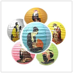 Oriental Chinese Japanese Festival Lanterns - 6 Pcs Decorative Lanterns with Geisha Designs in 16" Round Home Decor