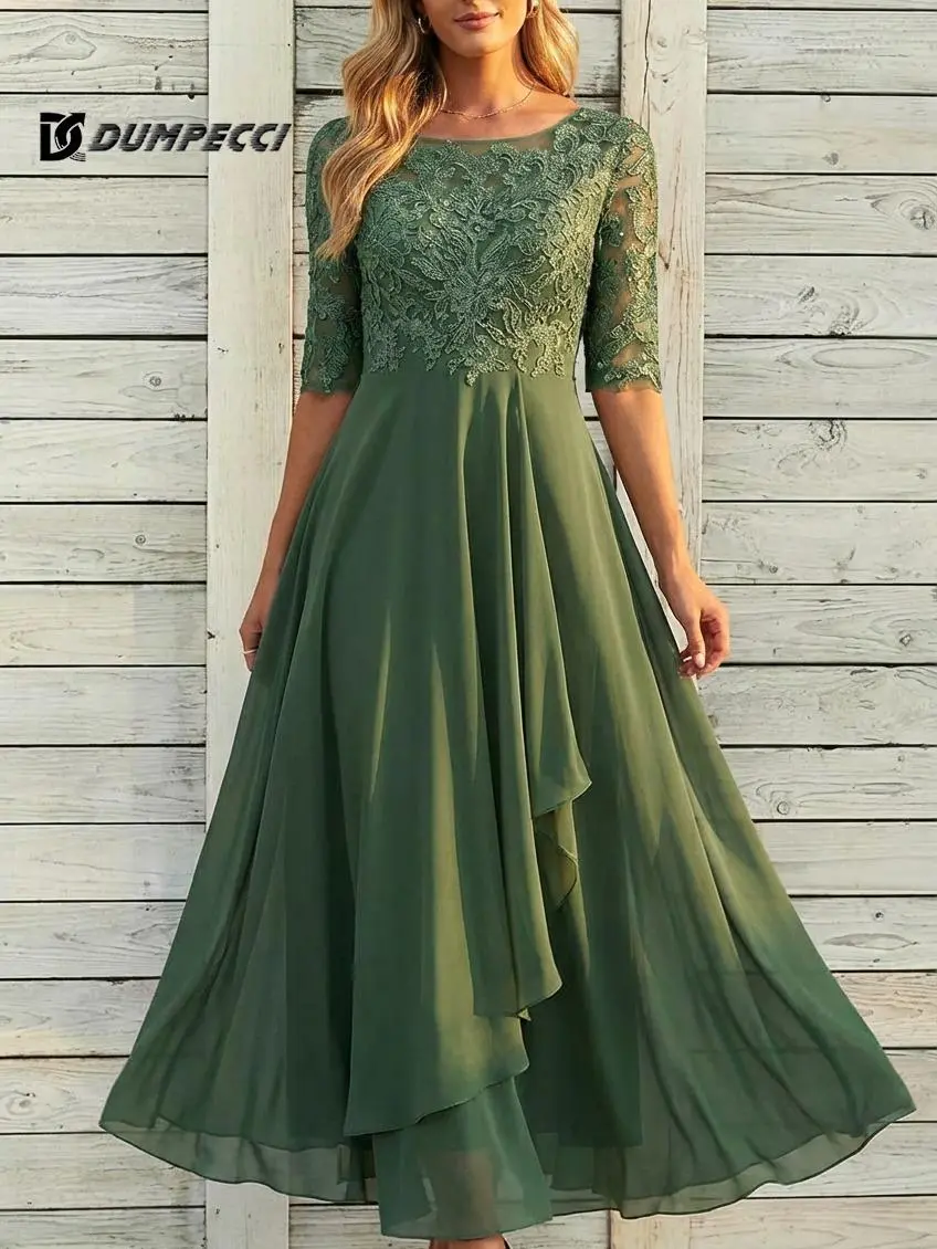 DC DUMPECCI Women's Trendy Deep V-Neck Lace Chiffon Maxi Dress - Slim Fit Elegant Formal Gown, Chic Cool Bridesmaid Dress, Ideal for Wedding Guest Outfits, Elegant Dresses For Women