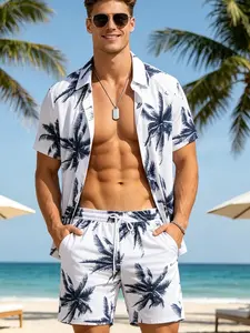 Men's White & Navy Tropical Palm Tree Print 2-Piece Matching Resort Wear Loungewear Set - Short Sleeve Camp Collar Button-Up Shirt & Drawstring Shorts, Ultra-Soft Breathable Fabric, Relaxed Fit for At-Home Lounging, Beach Vacations & Lazy Weekends