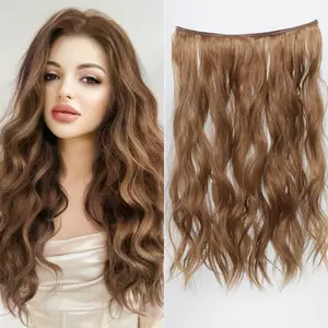 Bright Brown Wavy Invisible Wire Hairpieces with Clips in Hair Headband Heat Resistant Synthetic Hair Extension
