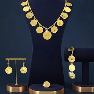 Coin Necklace Bracelet with Earrings - Gold-Toned Coin Design Jewelry Set for Stylish Wear