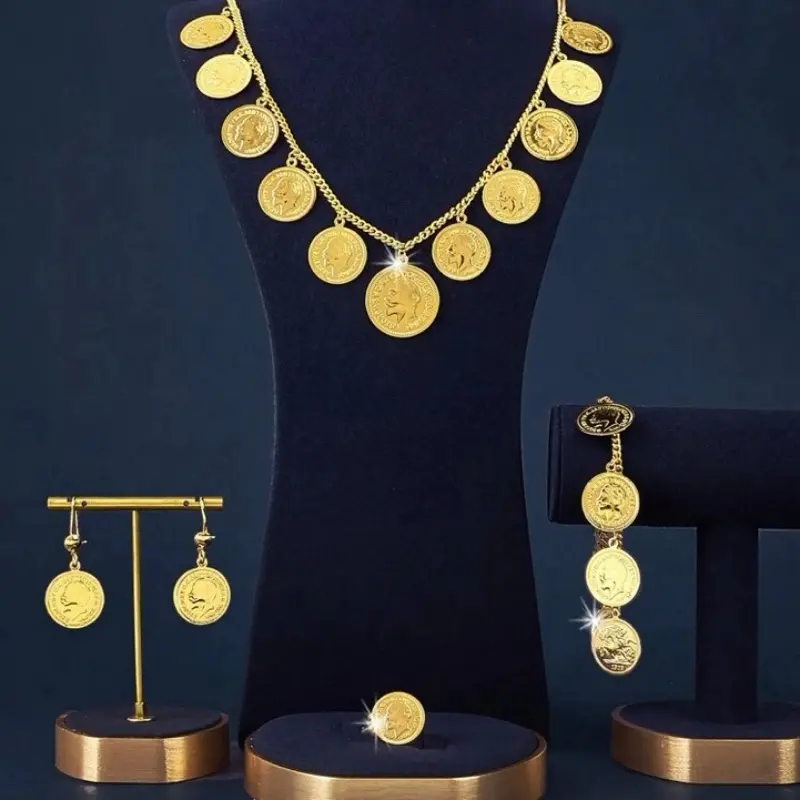 Coin Necklace Bracelet with Earrings - Gold-Toned Coin Design Jewelry Set for Stylish Wear