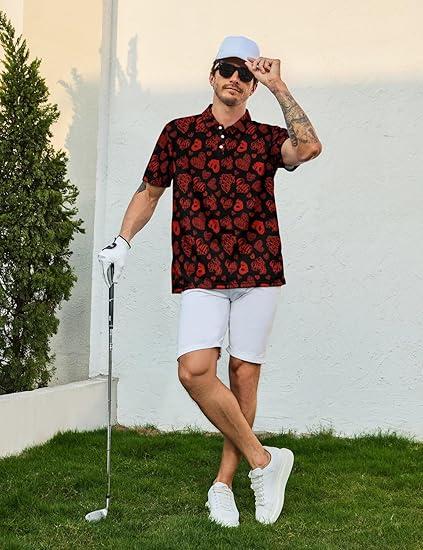 Black Club Polo In Red Heart Love Print Patterns, Mens Red Color Heart Golf Polo Short Sleeve Shirt
