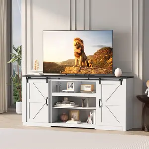 70" Farmhouse TV Stands for 80-85" TVs, Rustic Wooden Entertainment Center with Adjustable Shelves & Sliding Barn Door, TV Console Table with Open Storage