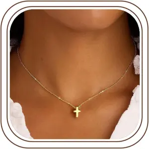 Communion Gifts for Girls, Dainty 14K Gold Plated Cross Pendant Necklace Sideways Cross Choker Layered Cross Necklace for Women Girls
