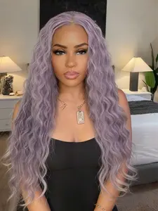 Lavender Purple Loose Curly Lace Front Wig, 28 Inch Straight Hair, Pre-Bleached & Pre-Plucked, 13x4 HD Transparent Lace, Natural Density Synthetic Wig for Party & Halloween