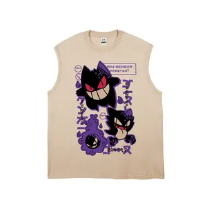 "Wild GENGAR appeared! GASTLY" Purple Ghost Creature Evolution Unisex Plus Size Summer Graphic Tees Personalized Pattern Y2k Clothing Round Neck Sleeveless Washed Vests,Women's Clothing 100% Cotton, Menswear, Top, Vintage Style, Casual Oversized
