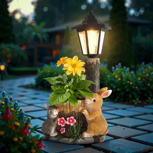 Outdoor Rabbit Flowerpot Garden Statues Sculpture Figurine Decor Solar Powered Light Planter Succulent(not include artificial flowers)