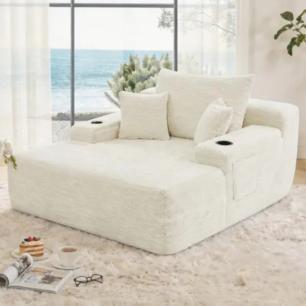 65" Boneless Indoor Chaise Lounge Chair and Sofa - Corduroy Durable Floor Couch with Foam Cushioning, 2 Cup Holders, Side Pocket, 3 Pillows, No Assembly for Reading, Napping (Beige, Fits Various Room Types)