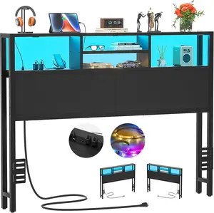 Headboard for Full Size Bed with Storage, Headboards with Outlets, USB Ports and LED Light, Full Size  Board Only, Height Adjustable, Reversible, Sturdy and  Headboard, Black