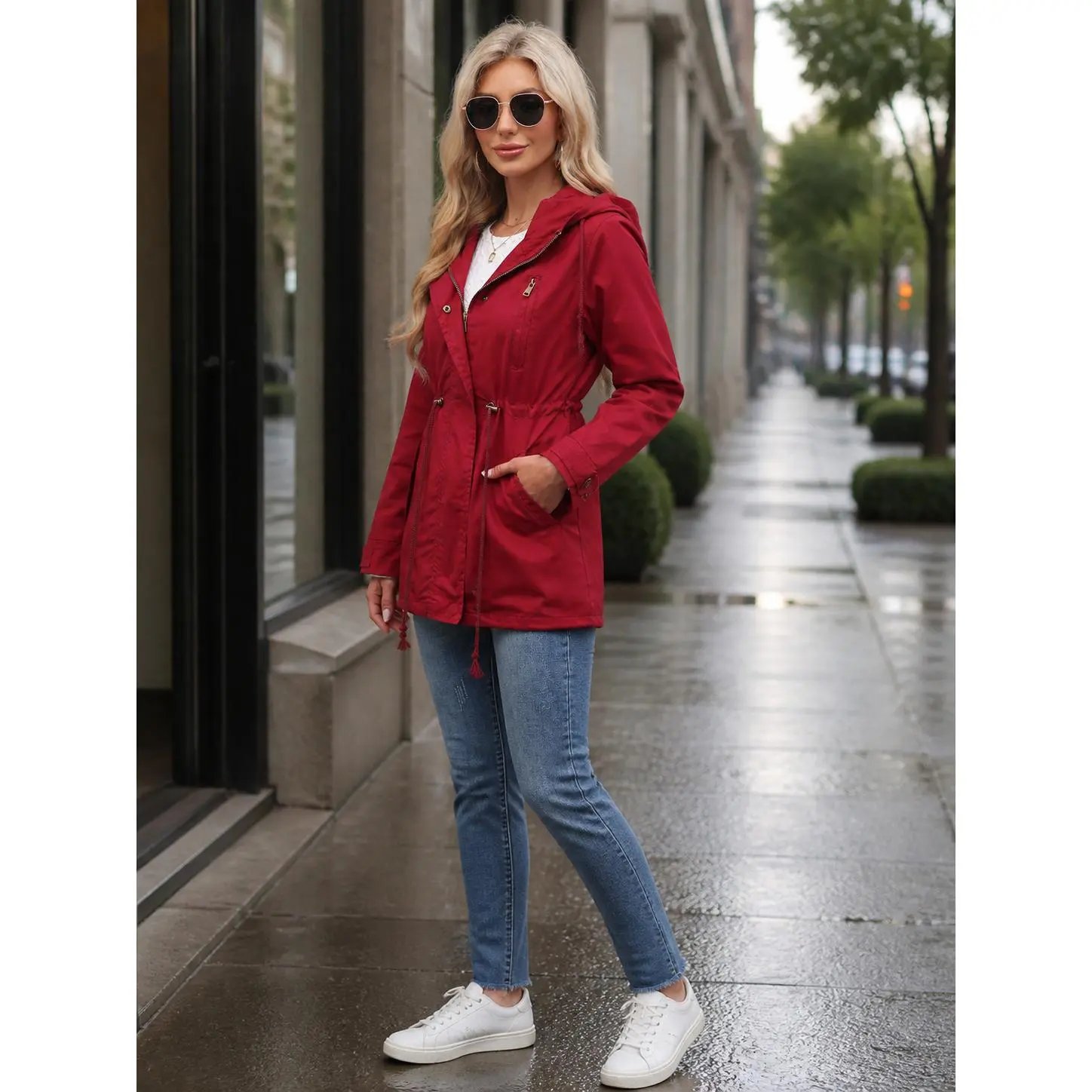 Women's Cozy Cotton Hooded Neck Mid-Length Long-Sleeve Urban Trench Coat - Loose Fit Spring Fall Outerwear, Solid Color Zipper Closure, Pockets, Plus Sizes S-4XL Basic Straight Tops with Polyester Blend, Everyday Casual Essential