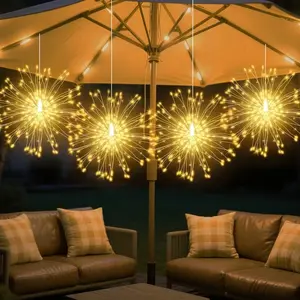 4-Pack LED Outdoor Firework Hanging Lanterns, Solar-Powered, Outdoor Lights Waterproof, 8 Lighting Modes for DIY Decorations, Perfect for Patios, Parties and Christmas