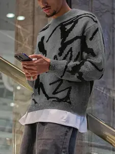 Men's Winter Round Neck Loose Fit Relaxed Fit Leopard Sweater, Casual Lazy Pullover, Long Sleeve Versatile Knitwear Tops, Fashion Trendy Men's Winter Sweater