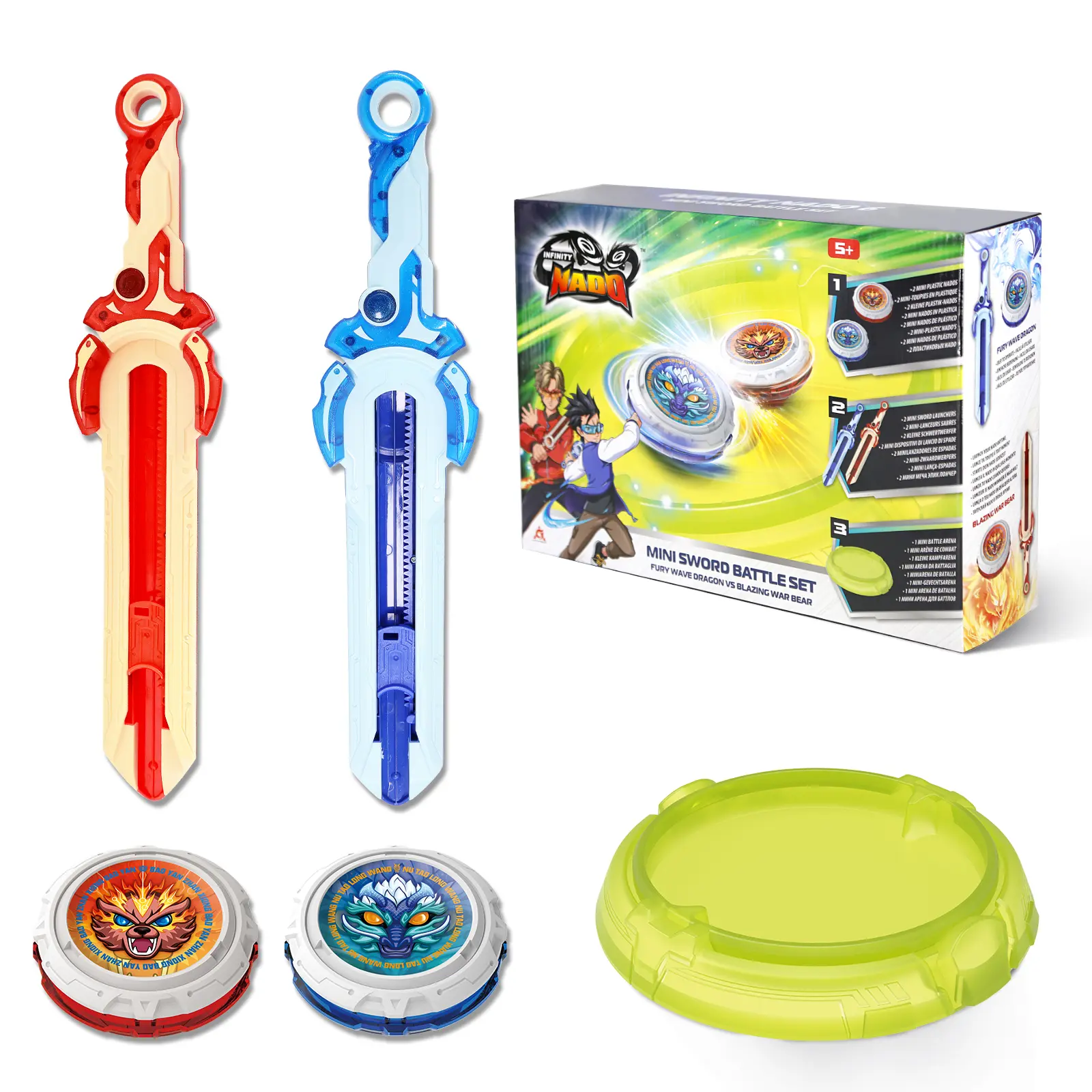 ALPHA GROUP INFINITY NADO Battle top Set 2PCS wth Arena, Spinning top Toys for Kids, Batting Tops with mini Sword Launcher, Kids Battle top for Boys Girls 5 6 7 8 9 10 11 12 Years Old and up Anime Design Durable