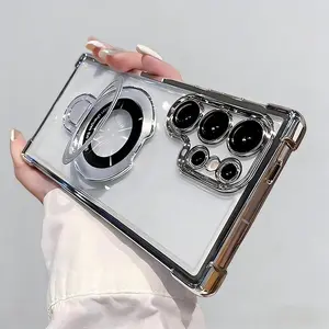 Plating Galaxy S26 Ultra Clear Phone Case with Shockproof Protective Four Comers Air Cushion Transparent Soft TPU Cover for Samsung S26 S25 Ultra S24 S23 FE S22 Plus with Sticky Magsafe Stand & Plated Bracket