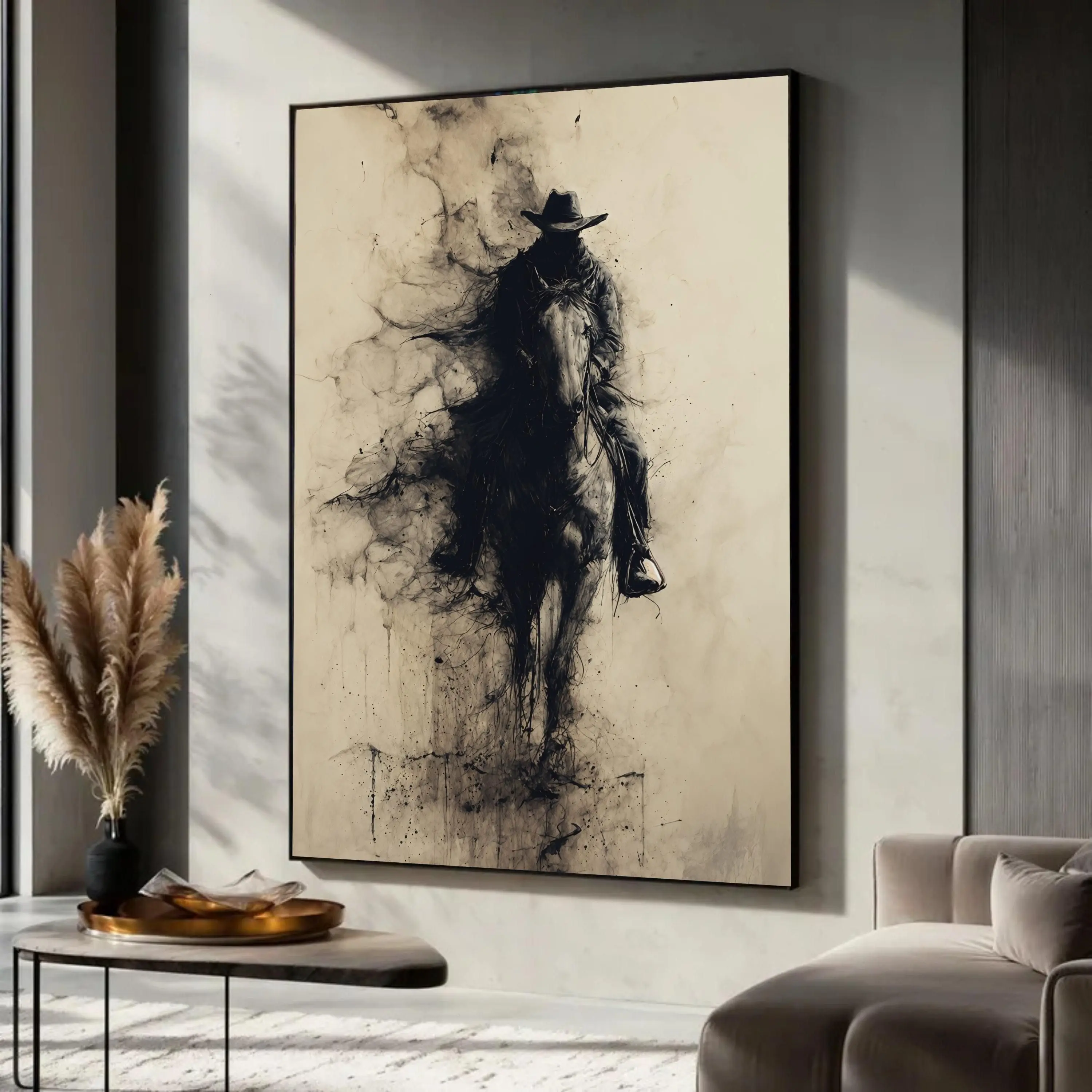 [Sale off up to 40%] [Frame Canvas] Abstract Ink Cowboy Rider Canvas Print, Western Silhouette Horse Wall Art