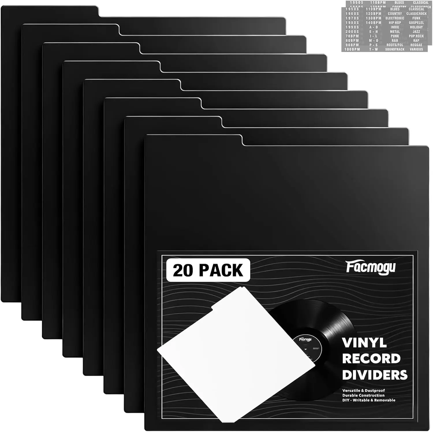 Facmogu 20PCS 12 Inch Black Vinyl Record Dividers for LP Albums / Thicker 0.77mm Sturdy Plastic Separators, Tall Write-on Tabs for Easy Flipping, Reusable for Vinyl/CD/Bookshelf Storage