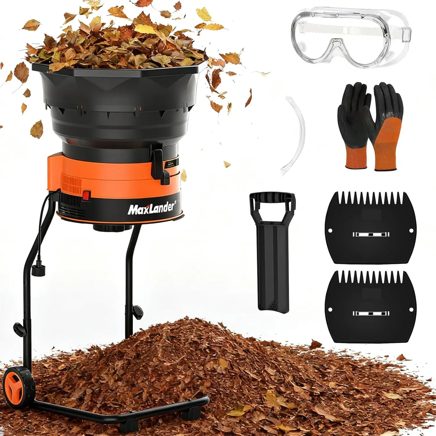 MAXLANDER Electric Leaf Mulcher-Shredder - 15 A, 8400 RPM, 18:1 Ratio, Adjustable Dial, Tool Box Kit with Goggles, Leaf Scoops, Gloves, 20 Cutting Lines - Portable Lawn Garden Grinder & Chipper for Wet/Dry Leaves