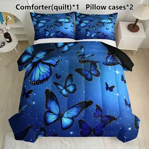 Blue Butterfly Starry Sky Bedding Set, Includes 1 Comforter & 2 Pillowcases, Magical Fantasy Decor, Synthetic Fiber Material