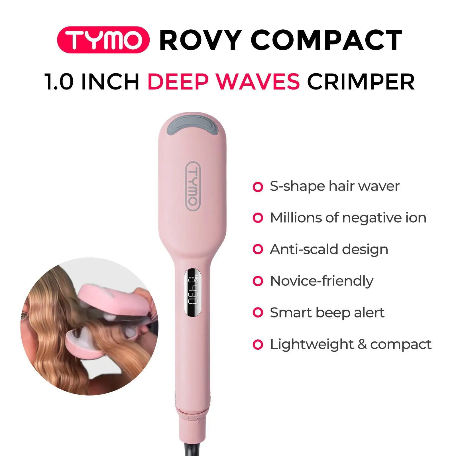 Tymo Rovy Compact Hair Waver Crimper, Hair Curler & Curling Irons, Hair Styling Tool with Negative Ionic Technology for Smooth Waves, Wavy Comfort, Ho