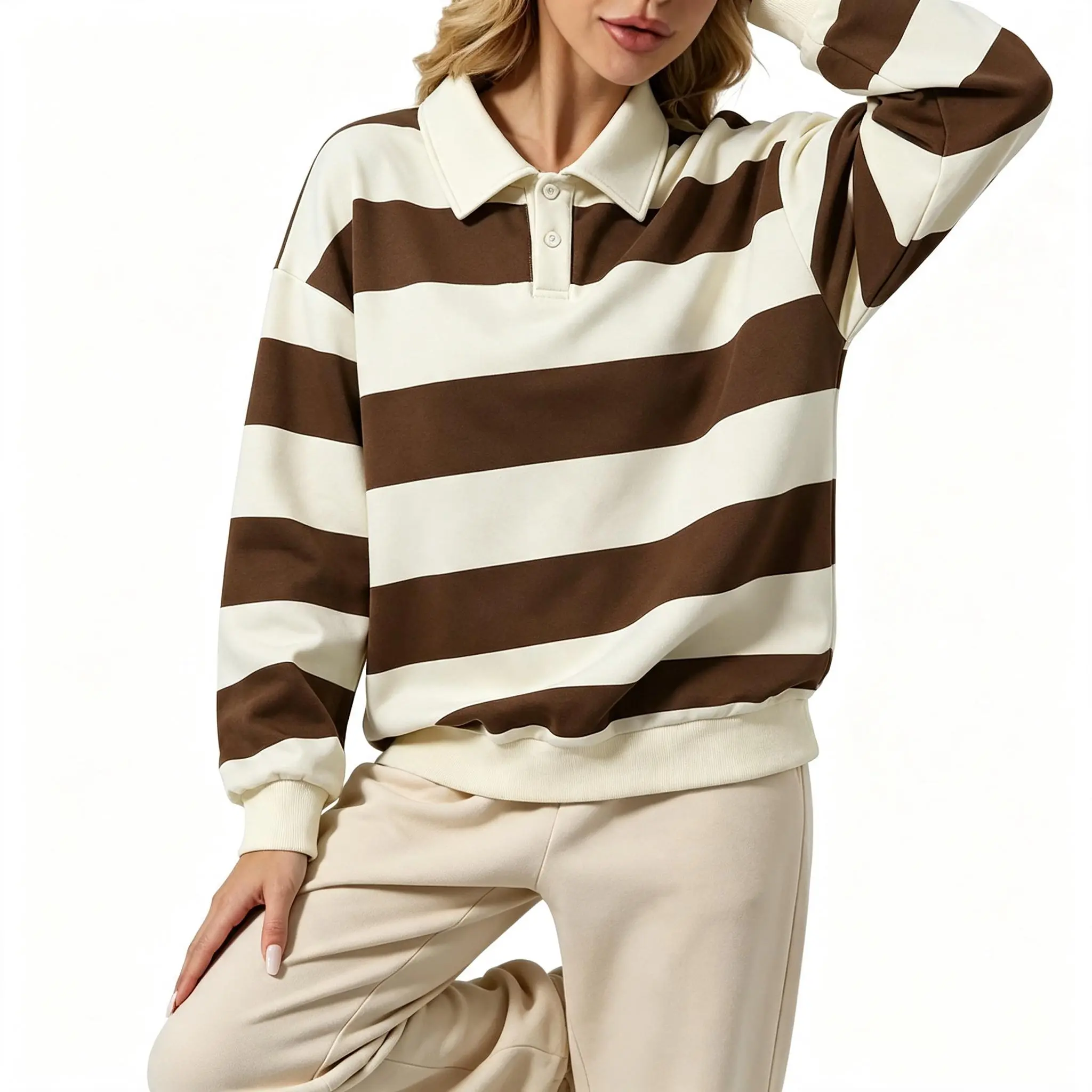 Women's soft, plush knit polo sweatshirt with a turn-down collar and long sleeves, featuring wide contrast stripes and dropped shoulders; a loose pullover top in a retro casual, laid-back style for everyday wear and commuting, suitable for spring and autu