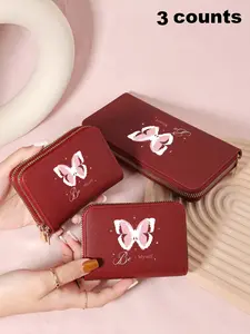 Women's Butterfly Pattern Wallet Set, Fashionable Pu Leather Card Holder, Casual Versatile Bifold Wallet for Daily Use