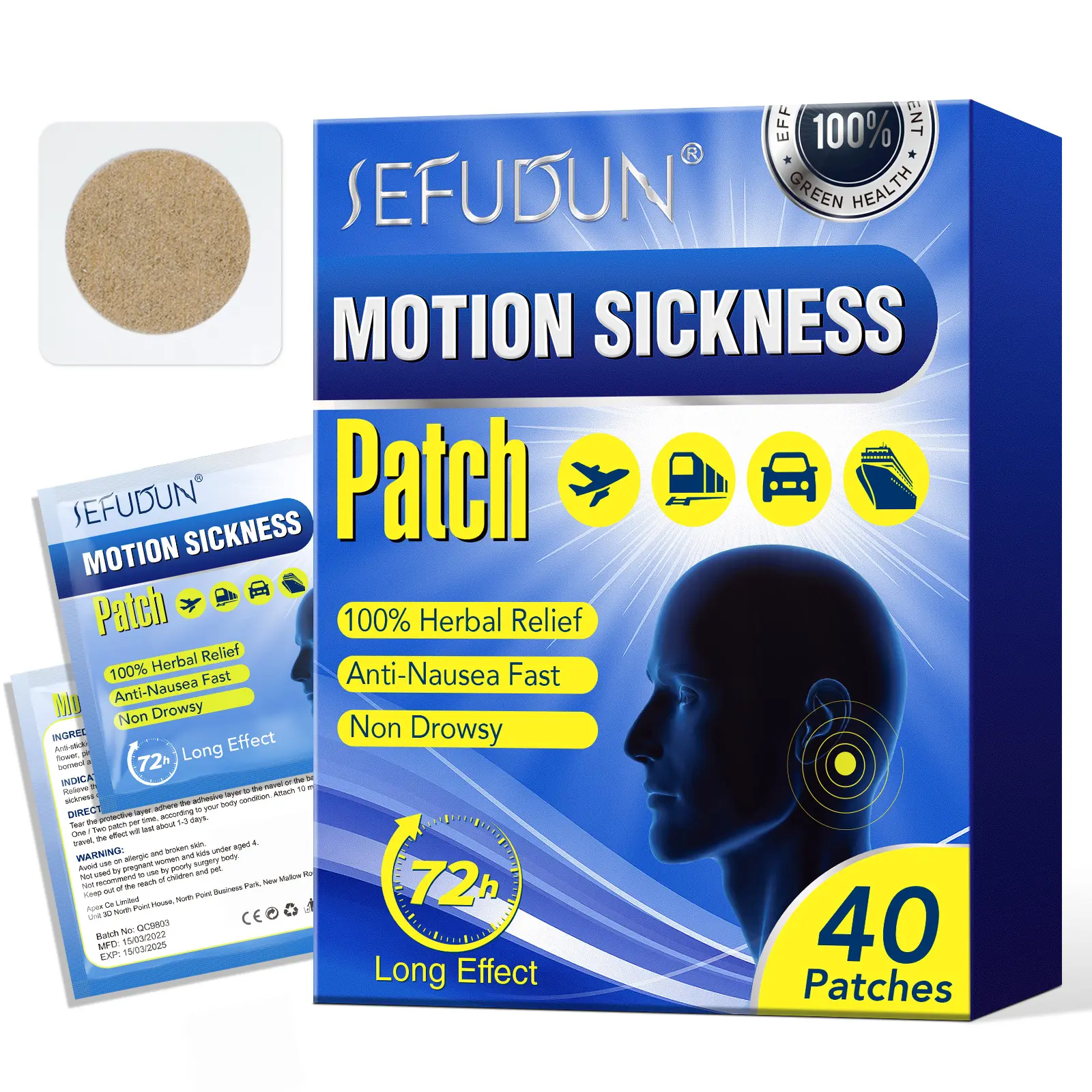 1 Count, SEFUDUN Motion Sickness Patch, Enriched With Cinnamon Bark, Frankincense, Angelica Root, Borneol, Medical Pressure-Sensitive Adhesive, And Non-Woven Fabric. Prevents Physical Discomfort, Providing Relief And Comfort.