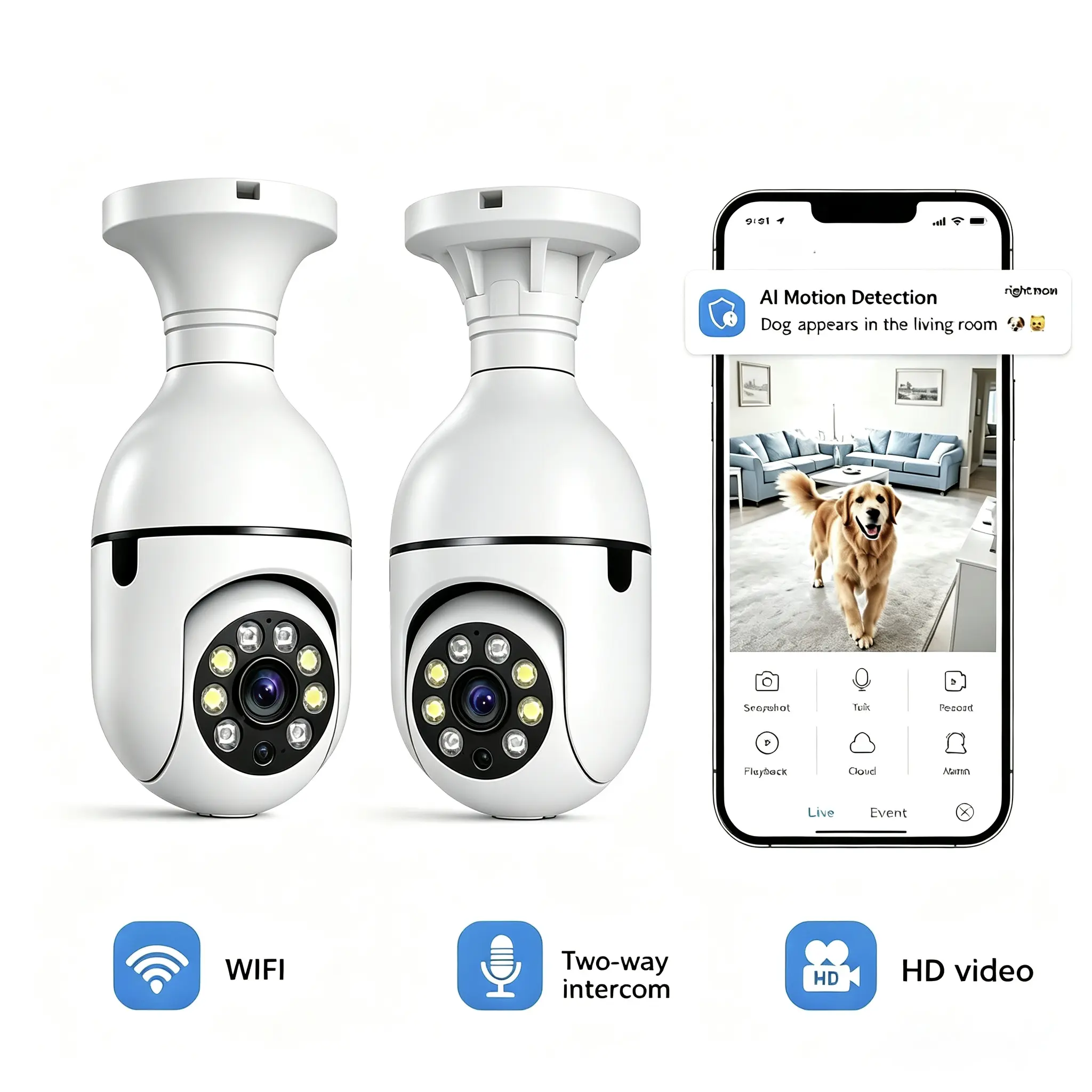 1pc E27 Bulb Compatible HD 1080P Resolution Home Safety Camera, 360-Degree Panoramic, 2.4G Wi-Fi, Infrared Night Vision, Motion Detection, 2-Way Audio, App Compatibility, Pan-Tilt Zoom, 110V Home Supply for Baby Monitoring