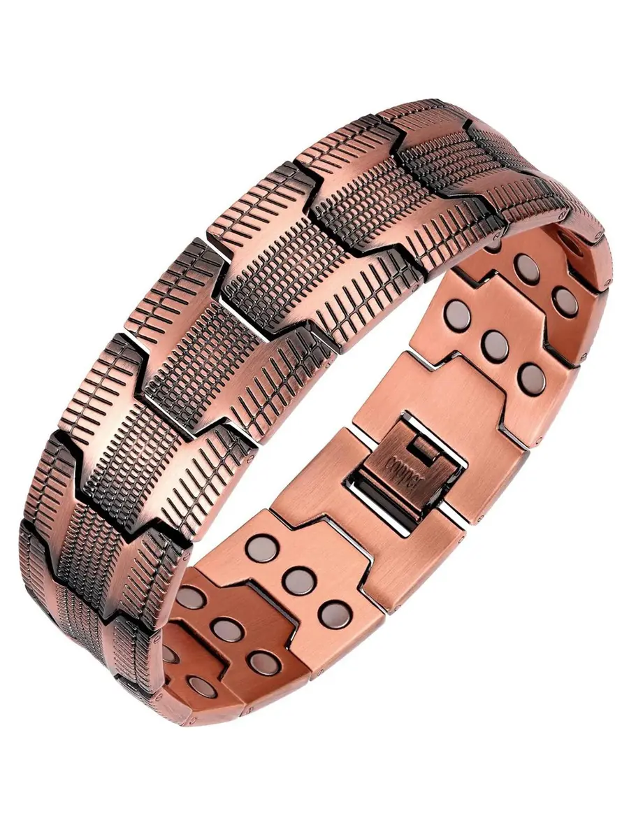 Wide Pure Copper Magnetic Bracelet for Men, Tyre-Pattern Link Design with 3-Row Ultra Strength Magnets, Adjustable Wristband for Joint Support, Adjustable Copper Bangles