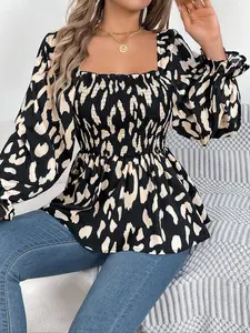 Women's Leopard Print Square Neck Blouse, Casual Classy Top, Casual Fashion Long Sleeve Top for Spring & Fall, Women's Clothes for Daily Wear