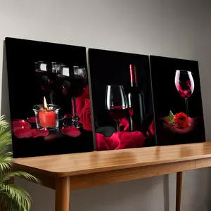 3-Piece Wood Frame Canvas, Romantic Wine Rose Triptych Poster, Modern Living Room Decor, Waterproof Art for Bedroom, Office, Hallway, Decoration