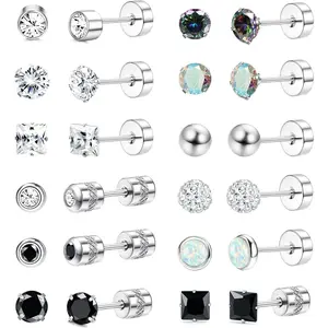 CASSIECA 12 Pairs Surgical Steel Stud Earrings for Women Men Hypoallergenic Silver Flat Back Earrings Zirconia Sleeper Helix Tragus Cartilage Earrings Set for Ear Piercing Studs