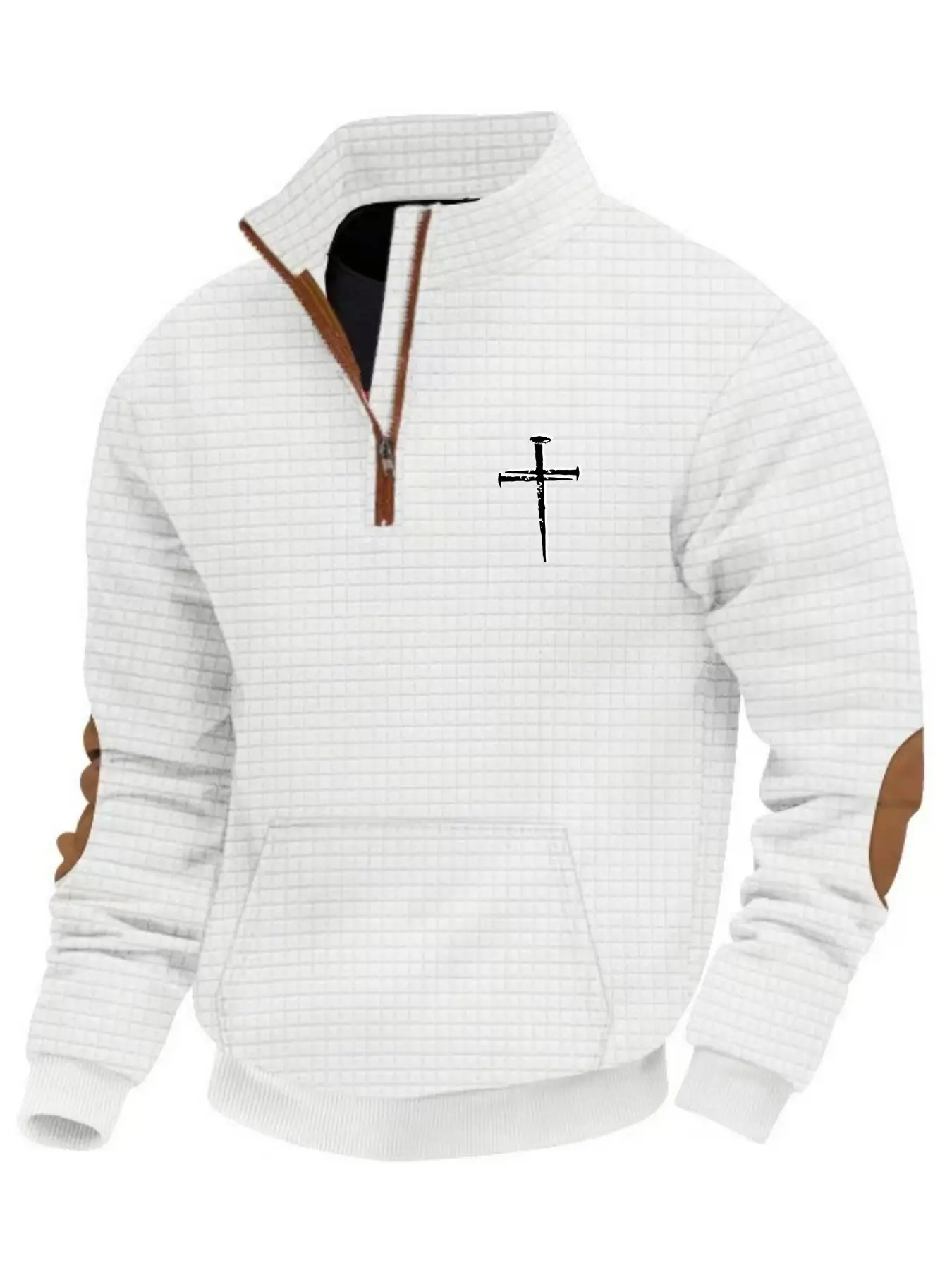 Men's autumn and winter waffle check stand-up collar hoodie, Graphic Sweatshirts, Long sleeve, with drawstring, leather label and cross print design, for daily casual wear, outdoor activities, Christmas, Black Friday