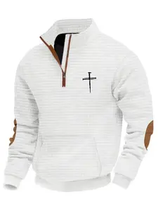 Men's autumn and winter waffle check stand-up collar hoodie, Graphic Sweatshirts, Long sleeve, with drawstring, leather label and cross print design, for daily casual wear, outdoor activities, Christmas, Black Friday