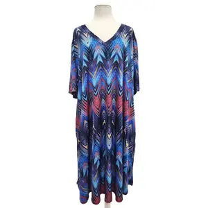 Women's Casual Wear Stretchy Blue Geometric Chevron Print Dress with Pockets