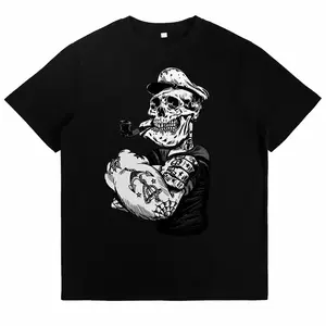 Retro Popeye Style Skull Sailor Anchor Graphic T-Shirt, Men's Unique Nautical Tattoo Casual Streetwear
